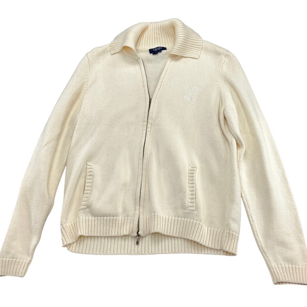 Chaps Cardigan Women Large Beige Cotton Nautical Classic Retro‎ 90s Boat Preppy